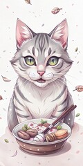 Adorable cat with a pink ribbon savoring a tasty bowl of ramen using chopsticks. Vertical.