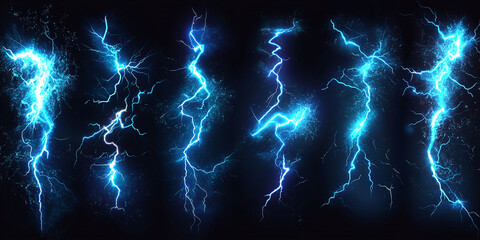 Animated frames of lightning strike, electric strike, magic electric strike and lightning effect. Blue glowing thunder lightning game assets