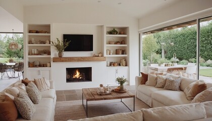 Wall Mural - A living room with a fireplace and a fireplace 1