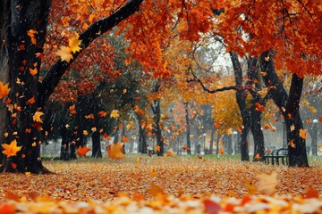 Wall Mural - A picturesque autumn park scene with trees dressed in vibrant fall colors, leaves gently falling to the ground.