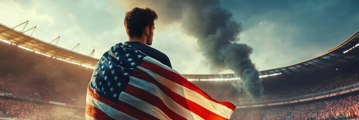 An athlete with an American flag on his shoulders stands at the stadium during a sporting event