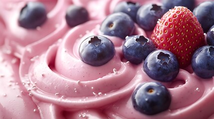 Wall Mural - Close-up of pink yogurt with blueberries and a strawberry on top.