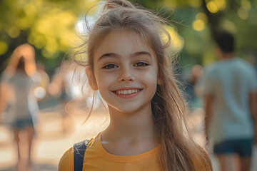 Wall Mural - Young girl smiles in a sunny park while people walk in the background during a summer afternoon