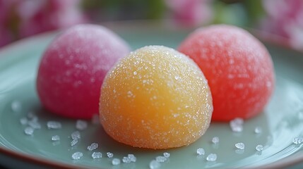 Three colorful jelly candies on a plate with sugar crystals.