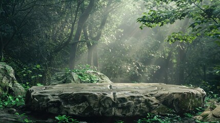 Canvas Print - Rock podium in forest with vegetation for product display; natural setting.