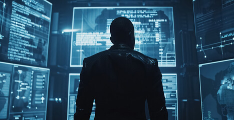 man engineer standing near big digital display with data information