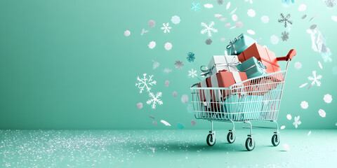 Sticker - Winter abstract design creative concept, trolley cart, gift box, snow icon confetti glitter scattering on green mint background. 3D rendering illustration.