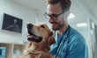 © goami - cheerful happy veterinarian doctor hugging cute golden retriever dog at medical exam at animal hospital