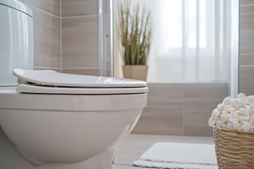 A modern white toilet in a bathroom with stark, minimalist design, showcasing clean lines and a contemporary aesthetic.