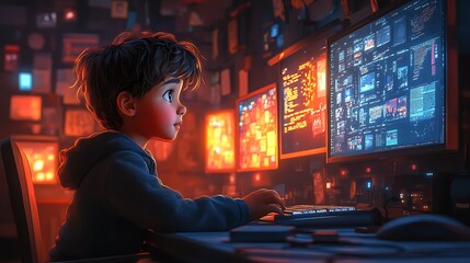 Wall Mural - A young boy sits at his desk in a dimly lit room, intently looking at a computer screen filled with colorful data.