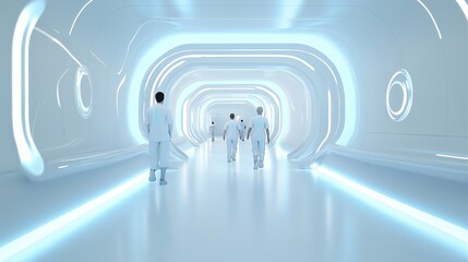 Futuristic corridor with glowing lights and people walking.