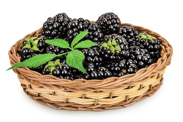 Wall Mural - blackberry with leaf in in a wicker basket isolated on a white background closeup.