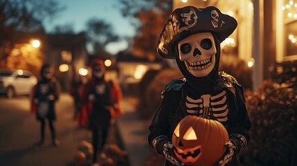 Children having a great time on Halloween night, dressed in various costumes such as pirates, captains, skeletons, ancient figures, or creatively imagined characters.