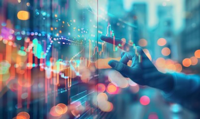 hand pointing at business chart or graph with financial data with bars and lines, strategy and corporate concept