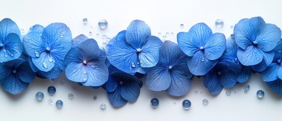 Wall Mural - Blue Hydrangea Petals with Water Droplets on a White Background