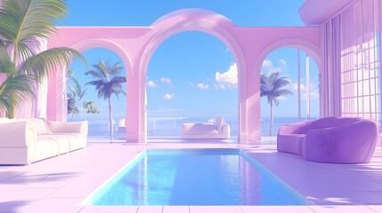 A serene poolside scene featuring pastel aesthetics, elegant furniture, and tropical palm trees under a clear blue sky.