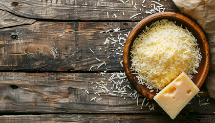 Bowl with grated cheese on wooden background