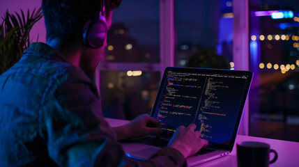 software developer working on a laptop showing code on screen