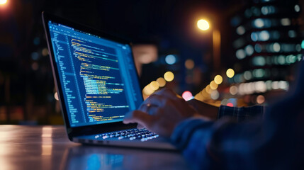 software developer working on a laptop showing code on screen