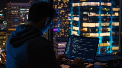 software developer working on a laptop showing code on screen
