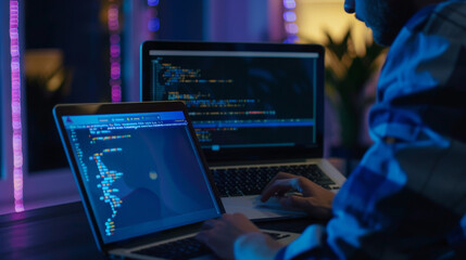 software developer working on a laptop showing code on screen