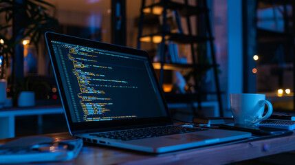software developer working on a laptop showing code on screen