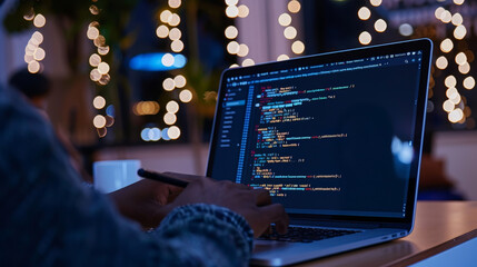 software developer working on a laptop showing code on screen