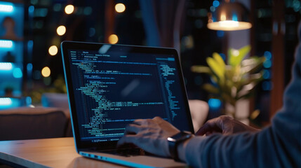 software developer working on a laptop showing code on screen