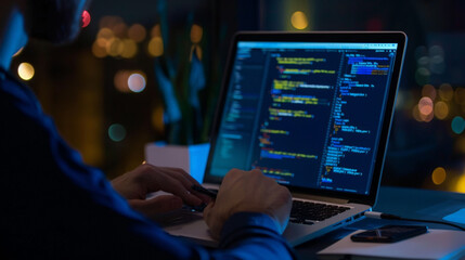 software developer working on a laptop showing code on screen