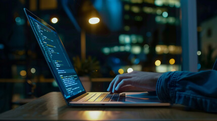 software developer working on a laptop showing code on screen