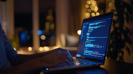 software developer working on a laptop showing code on screen