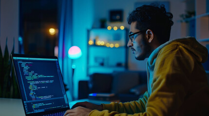 software developer working on a laptop showing code on screen