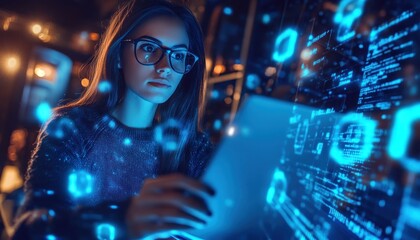 Woman with Glasses Working on Computer with Blue Lights and Code