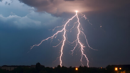 Poster - Dramatic Lightning Strike During Night Storm - Nature, Weather, Power, Electricity, Dark Clouds