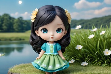 Cute little 3D doll in children's cartoon style, animated fantasy. Artistic background. Art illustration. Book illustration. Cartoon stylized illustrated art.