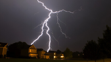 Dramatic Lightning Strike Over Suburban Homes - Nighttime Storm Photography