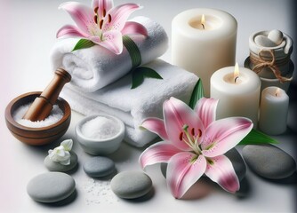 Pink lilies, a wooden mortar and pestle, bowls of bath salts, smooth stones, and two lit candles create a serene spa setup..Concept: Spa Harmony, Balance, Relaxation, Wellness Experience