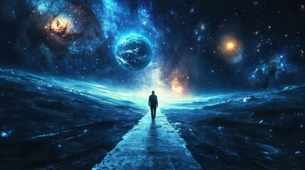 Wall Mural - journey through the cosmic expanse: lone figure walking on a starry path in space with earth and gal