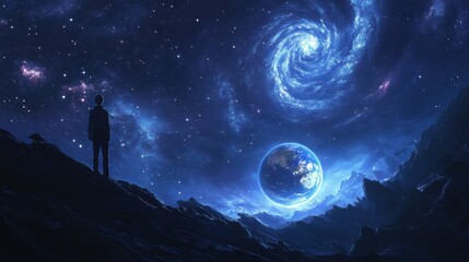Wall Mural - contemplating the infinite: person in awe of galaxy with earth on cosmic edge