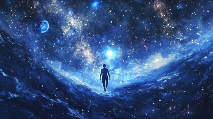Wall Mural - embracing infinity - surreal fantasy artwork of a figure floating among stars and galaxies with glow