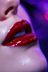 Close-Up of Glossy Red Lips with Purple Background