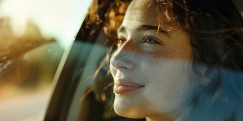 Contemplative young woman smiling in a car during an adventurous road trip. Reflecting happily by the window, she enjoys her journey and creates memories on the road