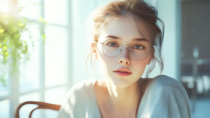 Young Woman with Round Glasses in Soft Natural Light