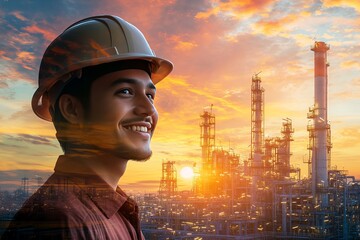 A happy engineer in a hard hat stands in front of a large refinery at sunset.