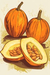 Wall Mural - Illustration of Pumpkins with Cut Slice and Seeds