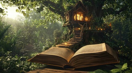 Wall Mural - create an image of a book opening up into a rainforest treehouse
