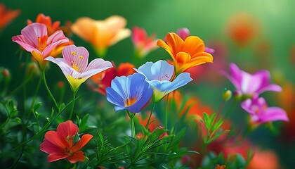 Colorful flowers bloom against a green background, creating a vibrant natural scene with delicate and gorgeous petals.