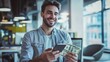 © NewMaii - A smiling man holds cash and a phone, portraying joy and financial success in a modern workspace.