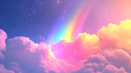 A vibrant rainbow arches over fluffy clouds, creating a dreamy sky filled with soft pastels and sparkling stars.