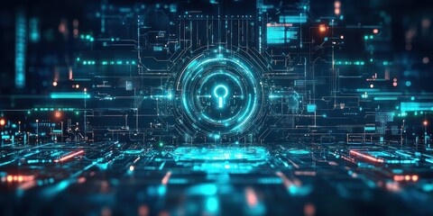 Digital Keyhole with Blue and Orange Glow on Circuitry Background